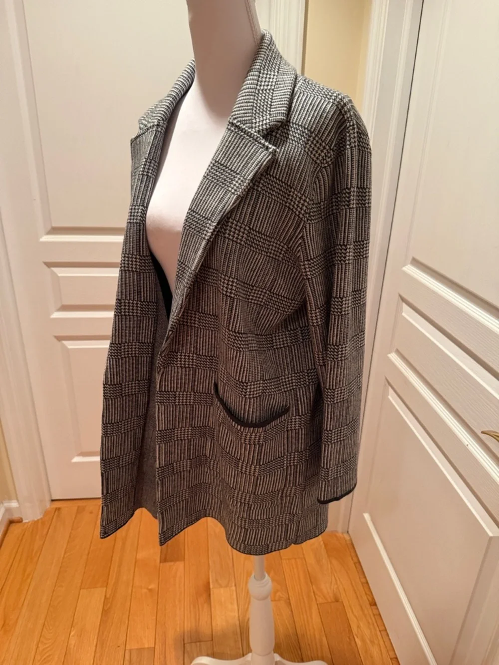 J. Crew Black and Gray Plaid Open-Front Knit Blazer